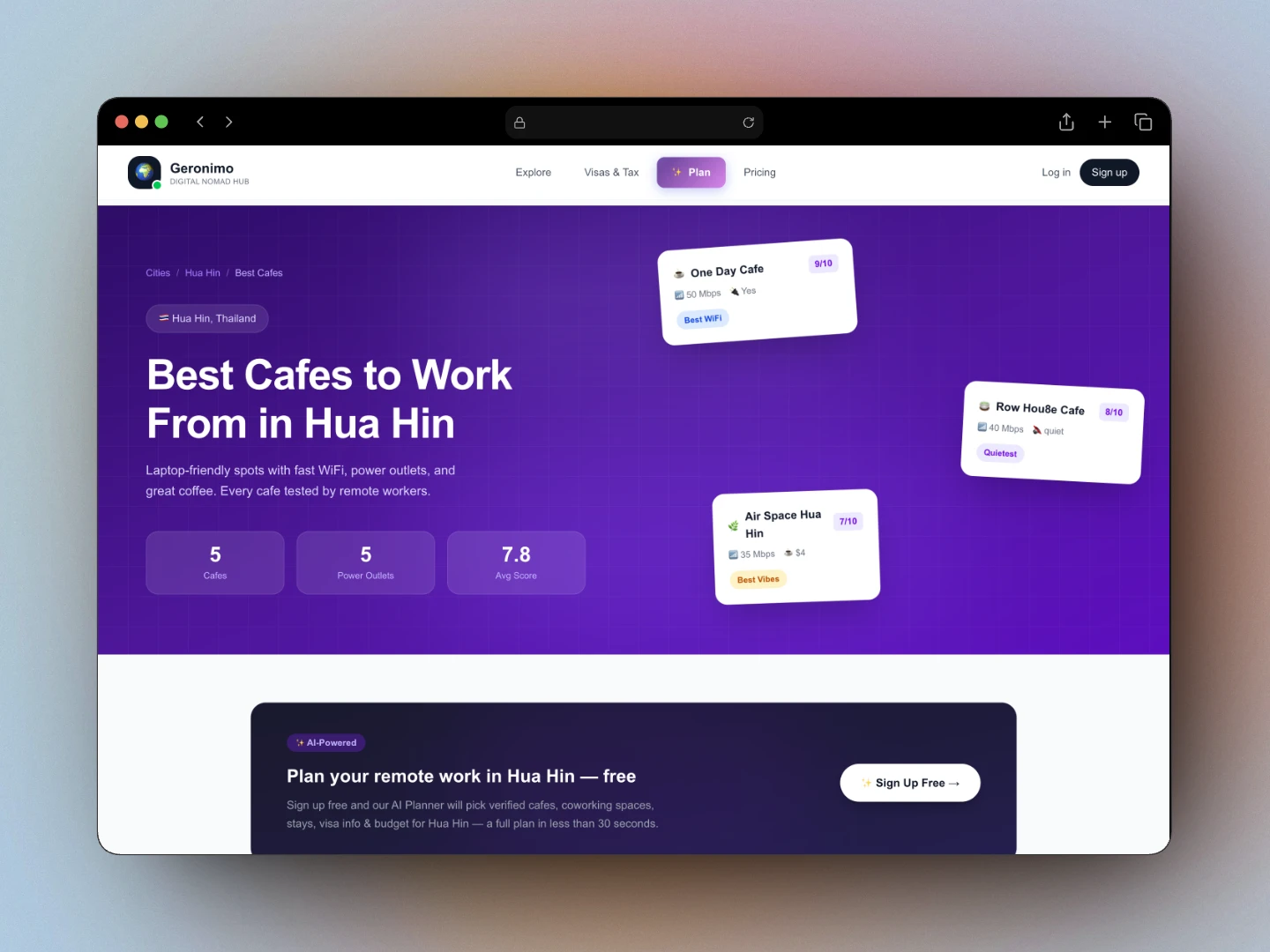Screenshot of a typical AI-generated website: purple gradient background, bubble buttons, generic copy, floating cards with drop shadows. Technically functional but zero personality or brand identity.