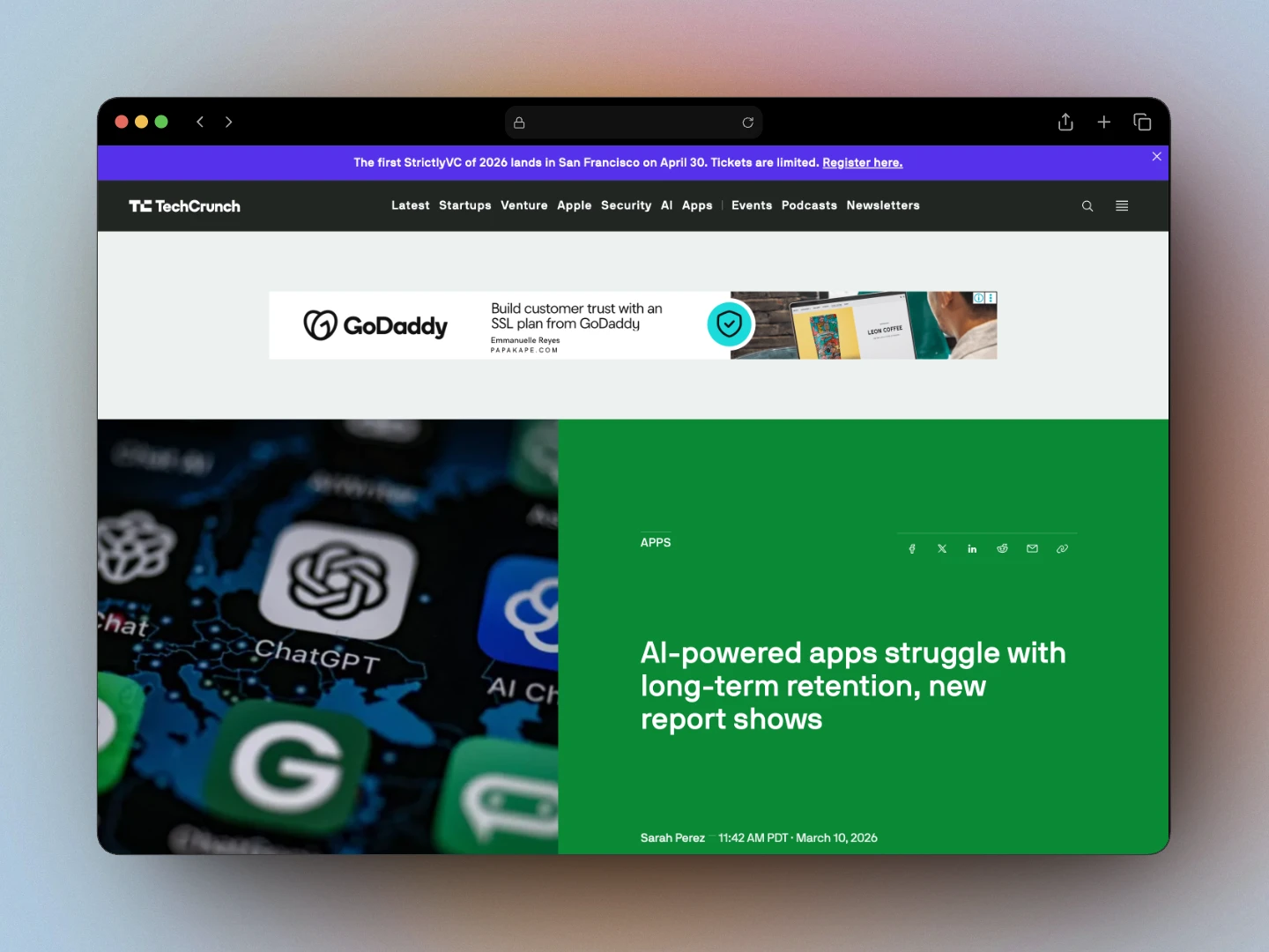 TechCrunch headline: AI-powered apps struggle with long-term retention, new report shows