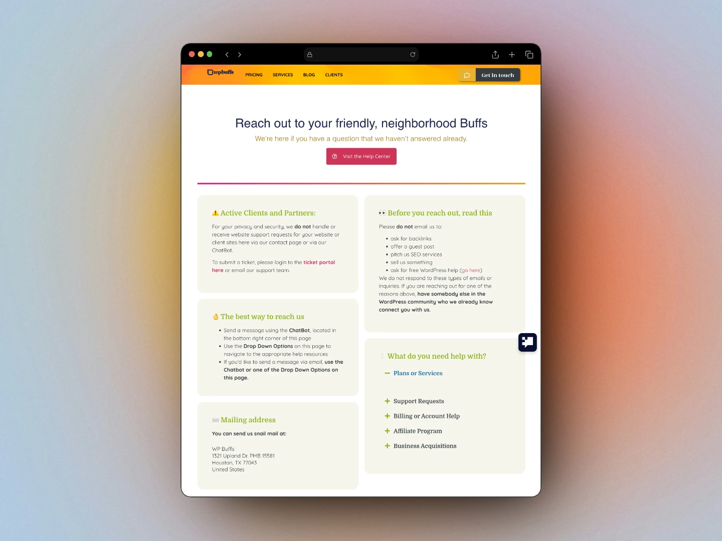 WP Buffs contact page showing ticket portal instructions and chatbot as the primary support channel